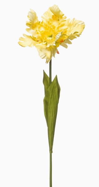Künstliche gelbe Tulpe mit gewellten Blütenblättern, grünem Stiel und zwei Blättern.