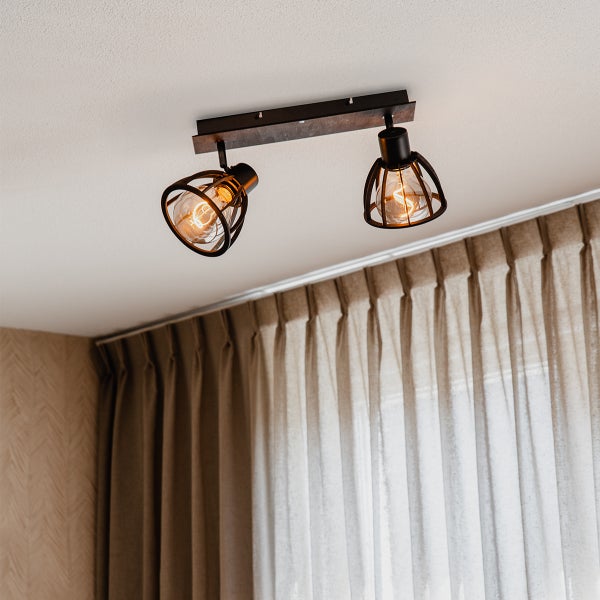 Deckenleuchte mit zwei Lampen und Metallkäfigen im Industrial-Stil
