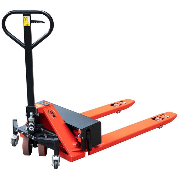 Manueller Hubwagen in Orange von Schefer mit hydraulischer Deichsel und Gabeln.