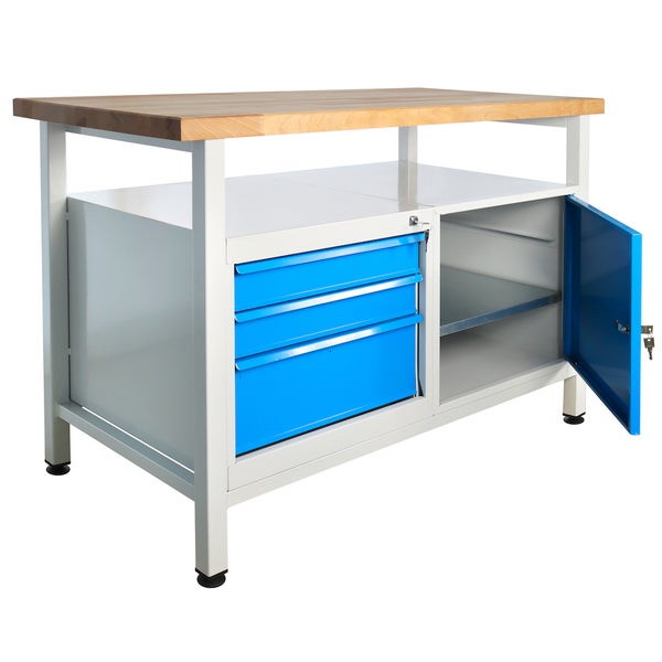 PROREGAL Werkbank Rhino mit Ablagefläche 3 Schubladen 1 Tür HxBxT 84 x 120 x 60 cm Traglast 300 kg Lichtgrau Blau