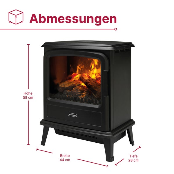 Abmessungen schwarzer Dimplex Elektrokamin mit Dimplex Logo: Höhe 58 Zentimeter, Breite 44 Zentimeter, Tiefe 28 Zentimeter.