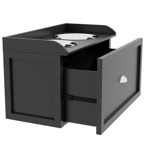 Schwarze Futterstation aus Holz mit zwei Edelstahlnäpfen und einer ausziehbaren Schublade für Tierfutter.