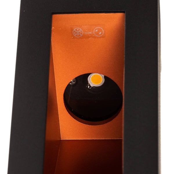 Detailansicht einer schwarzen LED-Wandleuchte mit kupferfarbener Innenseite, kreisförmiger Lichtquelle und Symbolen zur Lichtverteilung.