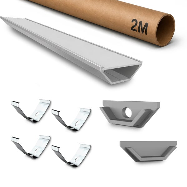 LED Aluminiumprofil Set mit zwei Metern Profil, Halteklammern und Endkappen für LED Streifen Montage