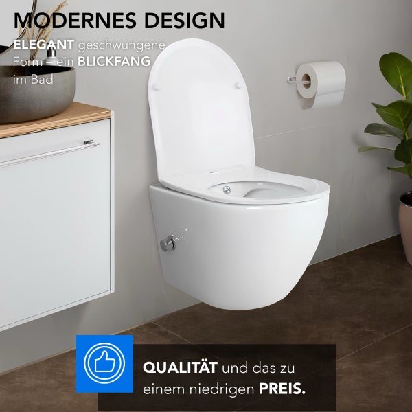 Moderne wandhängende Dusch-Toilette mit eleganter Form im Badezimmer. Qualitätssiegel für ein sehr gutes Preis-Leistungs-Verhältnis.