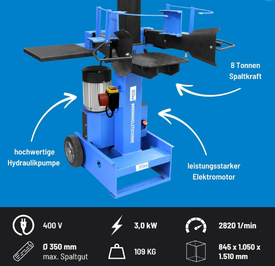 Güde Brennholzspalter, 8 Tonnen Spaltkraft, 3,0 Kilowatt Elektromotor, 400 Volt, Holz bis 350 Millimeter Durchmesser, Gewicht 109 Kilogramm.