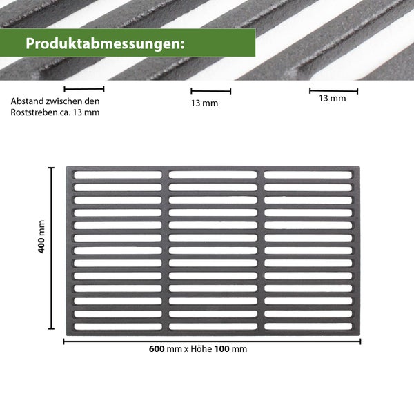 Grillrost mit den Maßen 600 mm x 100 mm x 400 mm und einem Abstand von circa 13 mm zwischen den Roststäben.