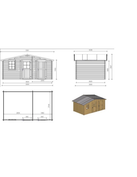 Technische Zeichnung und 3D-Darstellung eines Gartenhauses aus Holz mit Maßen für die Frontansicht, Seitenansicht und den Grundriss.