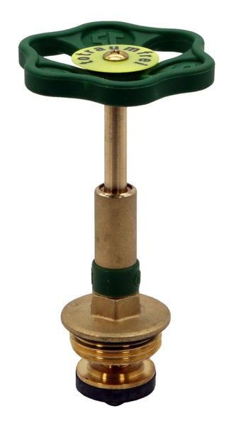 Ventiloberteil mit grünem Handrad aus Messing und Kunststoff.