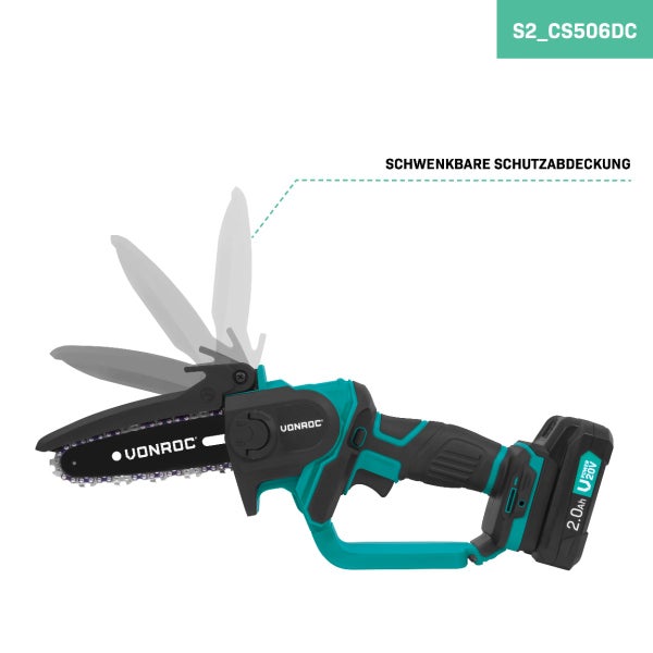 VONROC Mini-Kettensäge 20V – 152 mm – Inkl. 2x 2.0Ah Akkus und Ladegerät