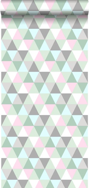 Walls4You Tapete grafische Dreiecke Grün, Grau und Rosa - 53 cm x 10.05 m - 935280