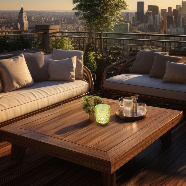 Terrasse mit Lounge-Möbeln und Tisch mit Dekoration vor einer Stadtkulisse.