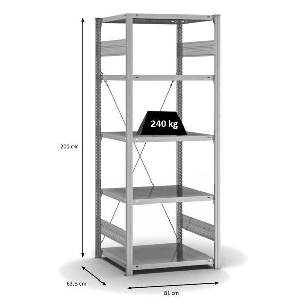 PROREGAL Fachbodenregal Stecksystem T-Profil Medium-Duty Grundregal HxBxT 200 x 75 x 60 cm 5 Ebenen Fachlast 240 kg Einseitig Nutzbar Verzinkt