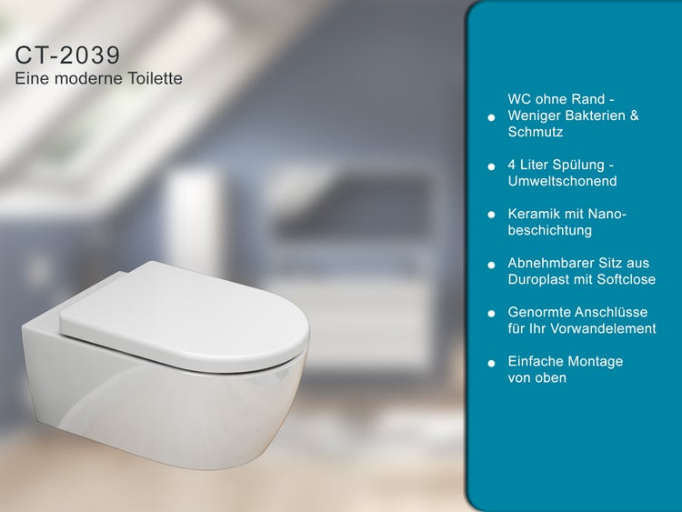 SSWW Design Hänge-WC Alpha CT-2039 – Spülrandlos – Markenkeramik – Softclose-Sitz