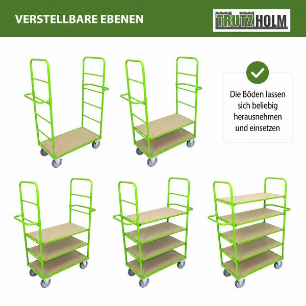 Trutzholm Etagenwagen mit verstellbaren Böden in verschiedenen Konfigurationen dargestellt