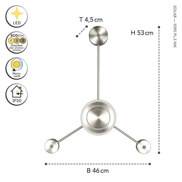 Moderne LED Deckenleuchte in Nickel Optik mit Maßen 53 Zentimeter Höhe, 46 Zentimeter Breite, 4,5 Zentimeter Tiefe. Warmweißes Licht, über Wandschalter dimmbar, Schutzart IP20.