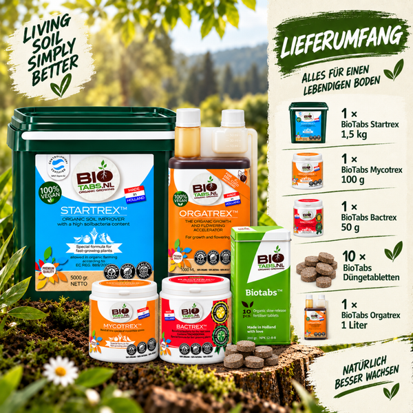 BioTabs Set für lebendigen Boden mit Startrex, Mycotrex, Bactrex, Orgatrex und Düngertabletten zur organischen Pflanzenpflege.