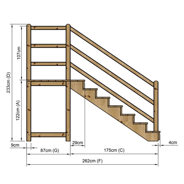 Technische Zeichnung einer Holztreppe mit Maßen