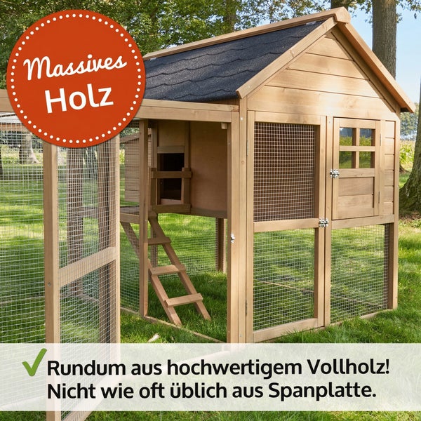 Hühnerstall aus Holz mit Freilaufgehege, Rampe und witterungsbeständigem Bitumendach.