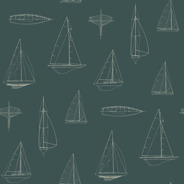 Vliestapete mit maritimen Skizzen von verschiedenen Segelbooten und Yachten.