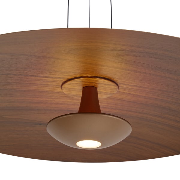 Moderne Pendelleuchte mit flachem Holzschirm und integrierter LED Beleuchtung für eine stilvolle Innenraumbeleuchtung