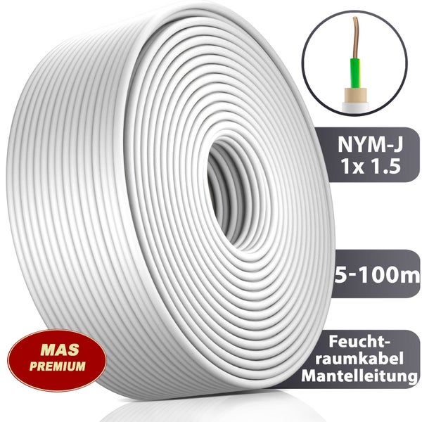 Weiße Installationsleitung NYM-J 1 mal 1,5 Quadratmillimeter für Feuchträume, MAS Premium Logo.