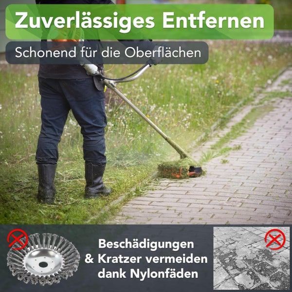 Unkrautbürste für Freischneider & Motorsense Zubehör inkl. 32 PA 66 Nylonfäden - Schonende und effiziente Wildkrautbürste für Motorsense - Langlebige universal Unkraut-Bürste Aluminium