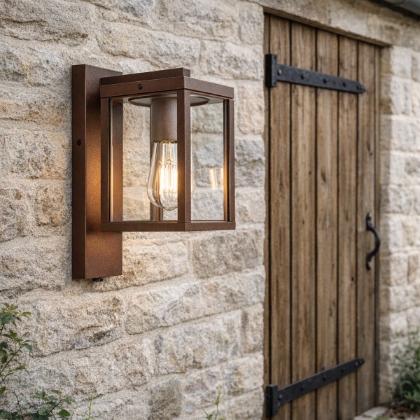 Rustikale Außenwandleuchte in Laternenform aus Metall und Glas, montiert an einer Natursteinwand neben einer Holztür.