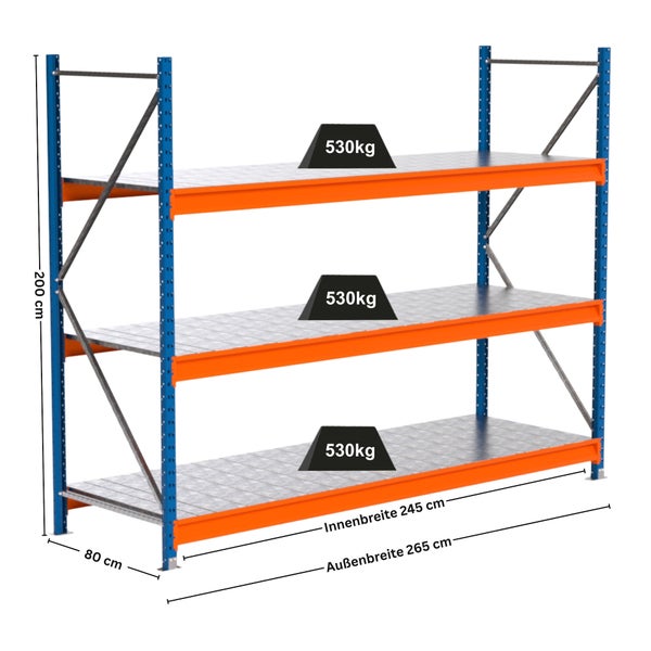 Schwerlastregal mit drei Ebenen und einer Traglast von 530 Kilogramm pro Ebene