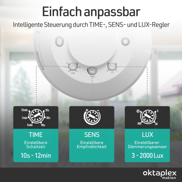 Oktaplex Bewegungsmelder mit TIME, SENS und LUX Regler