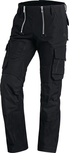 Schwarze Zunfthose mit Doppelreißverschluss, Cargo-Taschen und Knieverstärkungen.