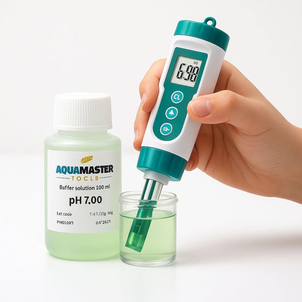 Digitales pH-Meter bei der Messung in einem Glas neben einer 100 Milliliter Flasche Aquamaster Pufferlösung pH 7,00.