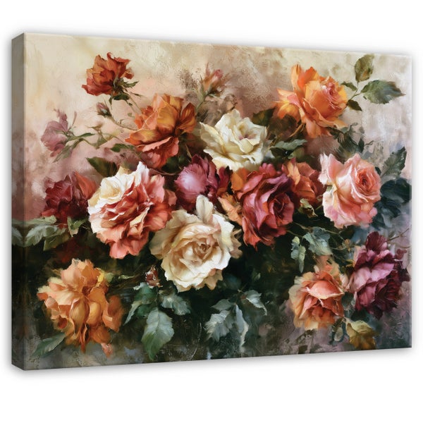 Wandbild mit einem Ölgemälde von einem Rosenstrauß in einem klassischen Stil auf Leinwand gedruckt.