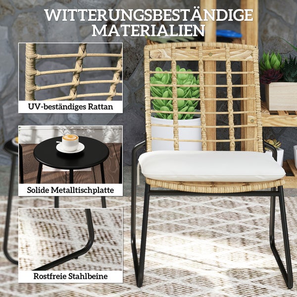 Outsunny Rattan Gartenmöbel Set, Balkonmöbel Set für 2 Personen 3-teilig Outdoor Sitzgruppe mit 2 stapelbar Stühle, Tisch Kissen wetterfest Garten Lounge für Terrasse Balkon, Beige & Braun