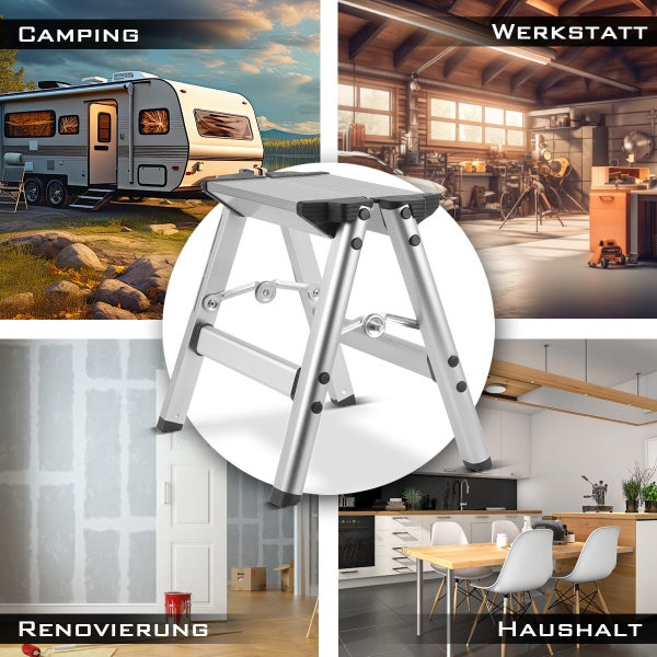 Aluminium-Klapptritt in vier Einsatzbereichen: Camping am Wohnwagen, Werkstatt, Renovierung von Wänden und im Haushalt in der Küche.