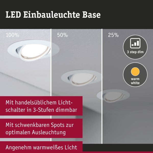 LED Einbauleuchte Base mit 3-Stufen-Dimmfunktion (100, 50 und 25 Prozent) über Lichtschalter, schwenkbaren Spots und warmweißem Licht.