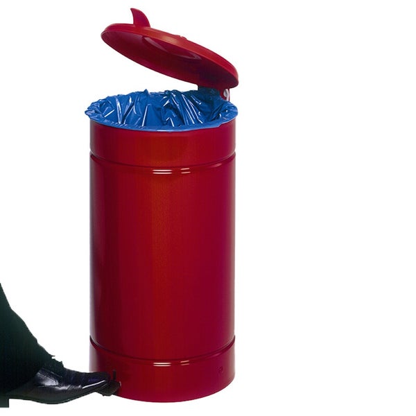 Roter Tretabfalleimer aus Metall mit offenem Deckel, blauem Müllbeutel und Fußpedal.