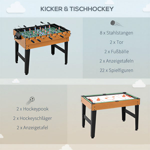 Spieltisch für Tischfußball und Tischhockey mit Holzoptik Rahmen, acht Stahlstangen, zwei Fußbällen, zwei Hockeypucks, Schlägern und Zählwerk.