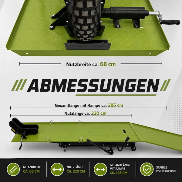 Motorradhebebühne: Nutzbreite circa 68 Zentimeter, Nutzlänge circa 220 Zentimeter, Gesamtlänge mit Rampe circa 285 Zentimeter, stabile Konstruktion.