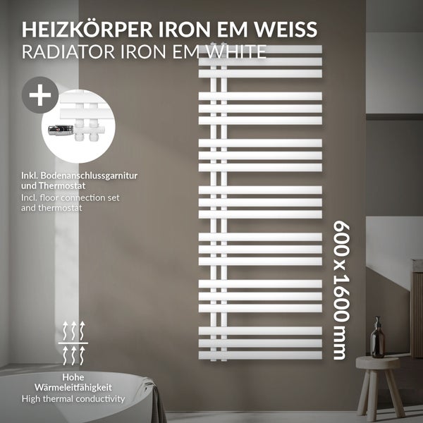 LuxeBath Badheizkörper Iron EM 600x1600 mm Weiß Mittelanschluss mit Anschlussgarnitur Thermostat Durchgang Boden, Design Heizkörper Bad Heizung Handtuchwärmer Handtuchtrockner Handtuchheizkörper