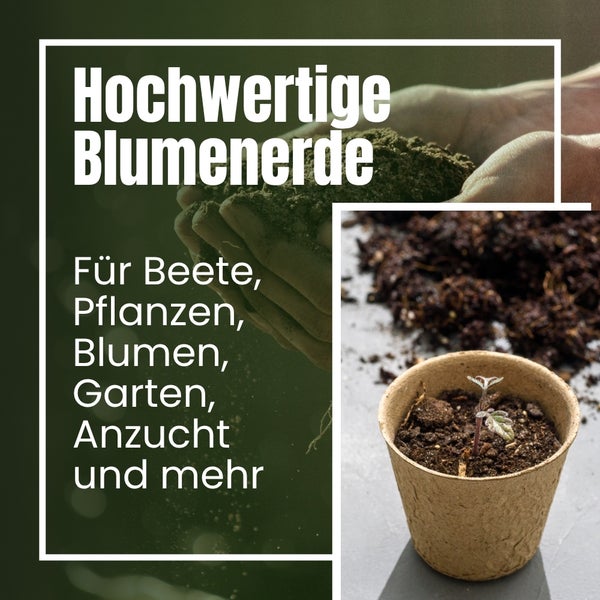 Hochwertige Blumenerde für Beete, Pflanzen, Blumen, Garten und Anzucht in Händen und in einem Topf.
