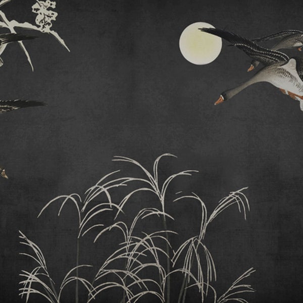Dekoratives Wandbild mit fliegenden Gänsen, Gräsern und Mond