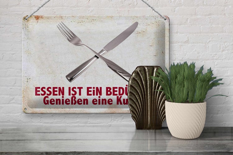 Blechschild Spruch 30x20cm Essen ist ein Bedürfnis Kunst