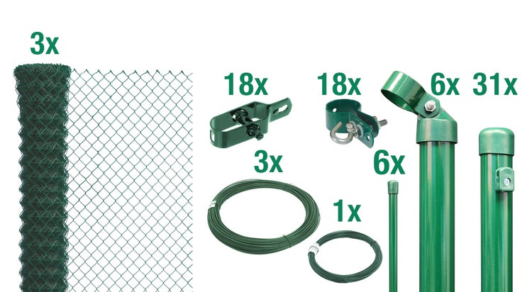 Maschendrahtzaun Set mit Zaunrollen, Zaunpfosten, Streben, Spanndraht, Bindedraht und Montagezubehör für den Garten.