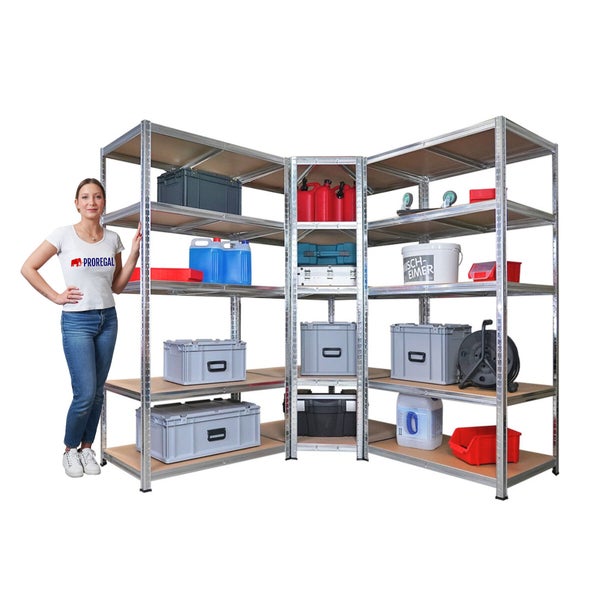 Eckregal mit Fächern und Lagerboxen