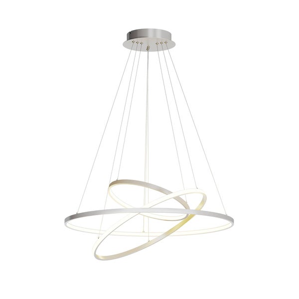 Moderne LED-Pendelleuchte mit drei ineinander verschlungenen Ringen aus silbernem Metall.