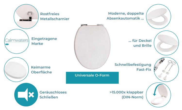 Calmwaters® WC Sitz Modern Wellness mit Absenkautomatik, Toilettensitz Holz gekalkt, Holzkern Klodeckel, Fast-Fix, Metallscharnier, universale O-Form, Klositz oval, Echtholzfurnier gekalkt, 26LP2848