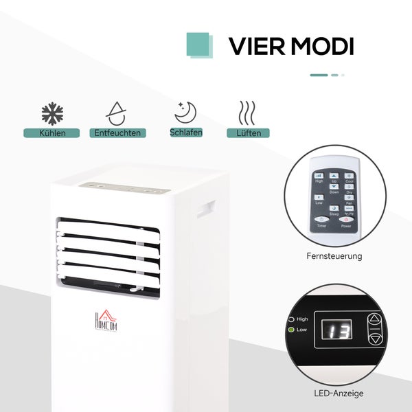 HOMCOM Mobile Klimaanlage, 7000BTU 3-in-1 Klimagerät - Kühlen, Entfeuchtung und Ventilation – Luftentfeuchter, Ventilator, mit Fernbedienung 24h Timer, 2 Geschwindigkeitsstufen, für 10-15 m², Weiß