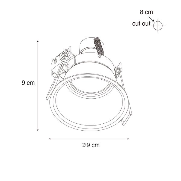 Technische Zeichnung eines runden Einbaustrahlers mit Höhe 9 Zentimeter, Durchmesser 9 Zentimeter und Lochausschnitt 8 Zentimeter.