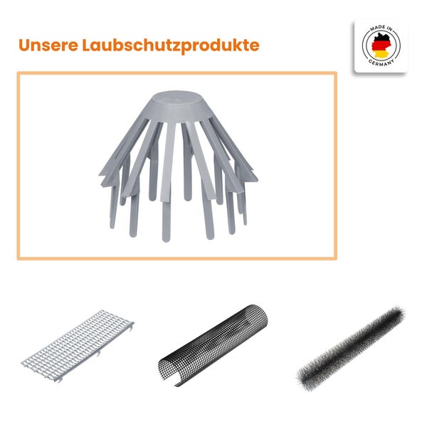 Verschiedene Laubschutzprodukte für Dachrinne und Fallrohr wie Laubfangkörbe, Gitter und Bürsten. Hergestellt in Deutschland.